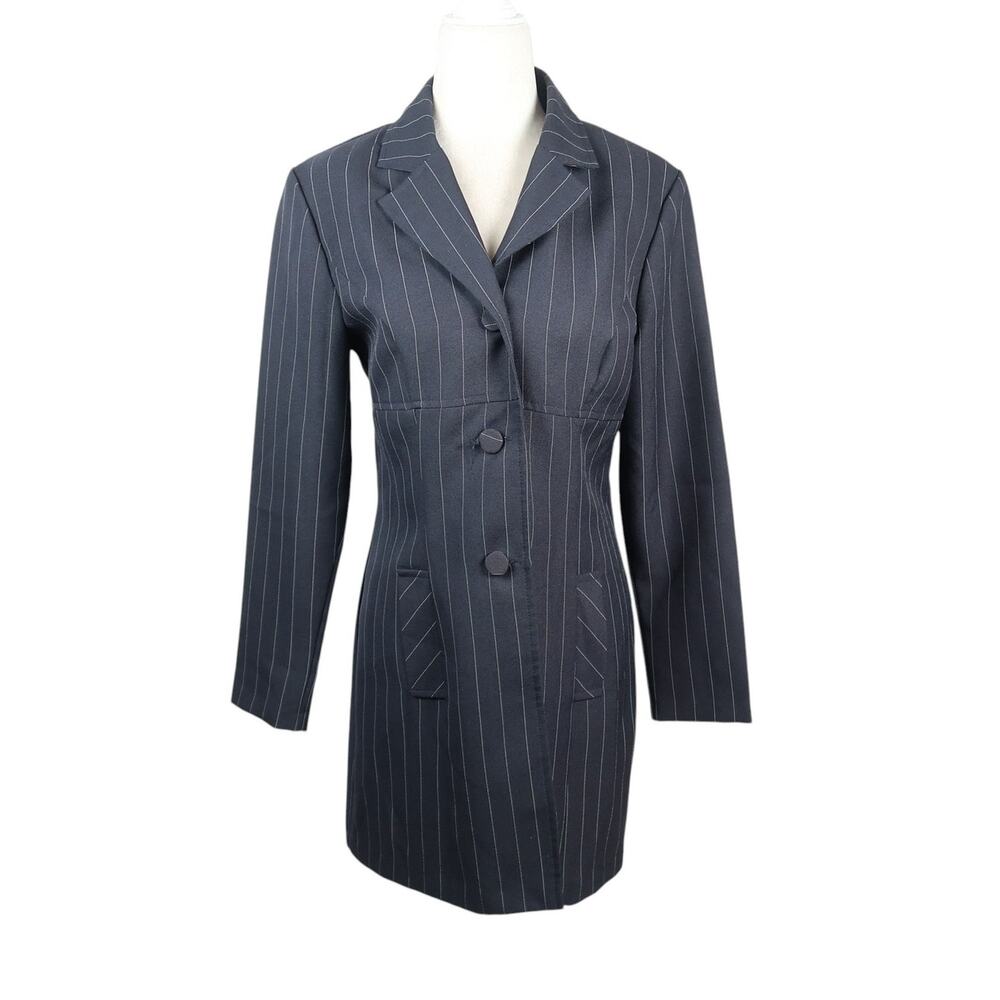 Vintage 90s Alyn Paige Navy Blue Pinstripe Longline Blazer Jacket 8